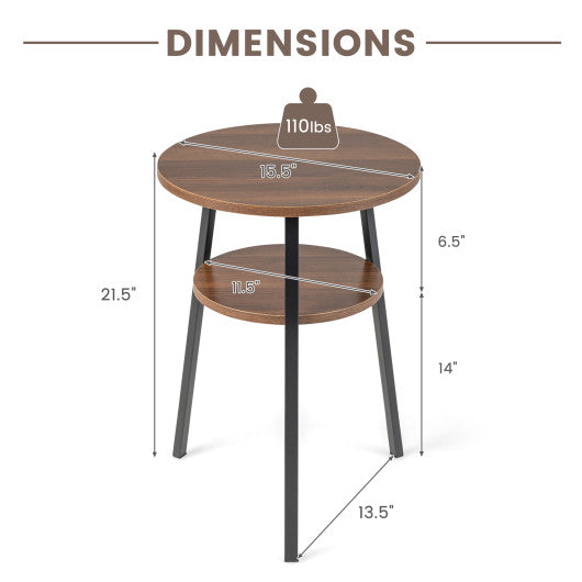 2-Tier Round End Table with Open Shelf and Triangular Metal Frame-Walnut