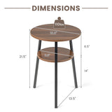 2-Tier Round End Table with Open Shelf and Triangular Metal Frame-Walnut