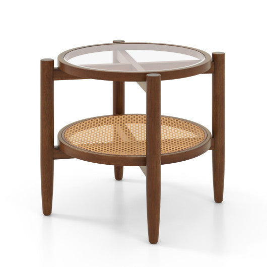 Rattan Round Side End Table with Tempered Glass Tabletop
