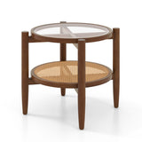 Rattan Round Side End Table with Tempered Glass Tabletop