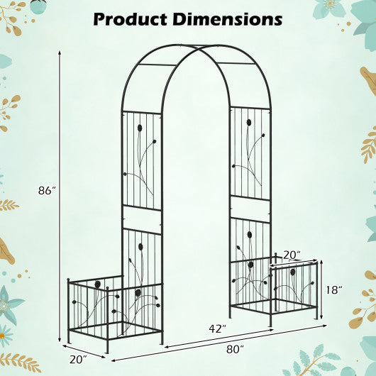 2 in 1 Garden Arbor with 2 Side Planters and 8 Ground Stakes-Black