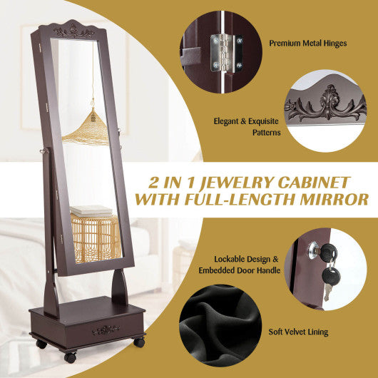 Rolling Floor Standing Mirrored Jewelry Armoire with Lock and Drawers-Brown