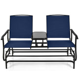 2-Person Double Rocking Loveseat with Mesh Fabric and Center Tempered Glass Table-Navy