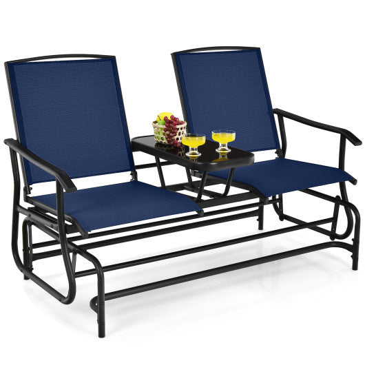 2-Person Double Rocking Loveseat with Mesh Fabric and Center Tempered Glass Table-Navy