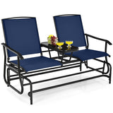 2-Person Double Rocking Loveseat with Mesh Fabric and Center Tempered Glass Table-Navy