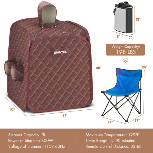 800W 2 Person Portable Steam Sauna Tent SPA with Hat Side Holes 3L Steamer-Coffee