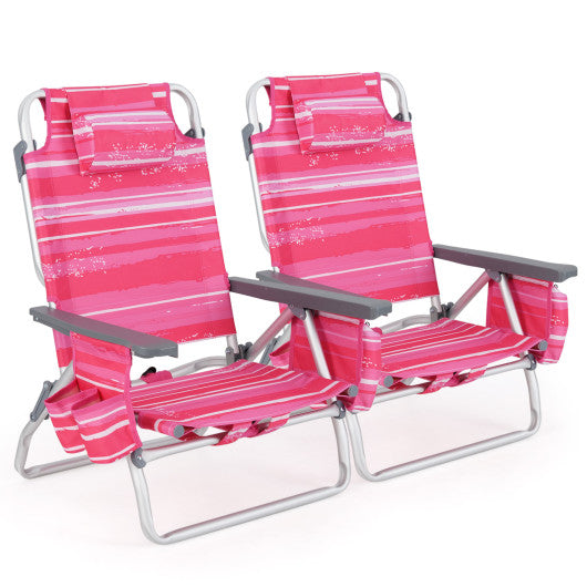 2 Pieces Folding Backpack Beach Chair with Pillow-Hot Pink
