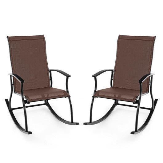 2 Pieces Outdoor Rocking Chairs with Breathable Backrest-Brown