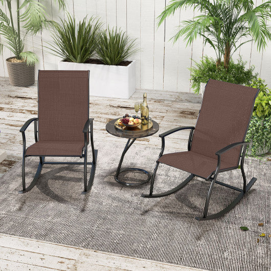 2 Pieces Outdoor Rocking Chairs with Breathable Backrest-Brown