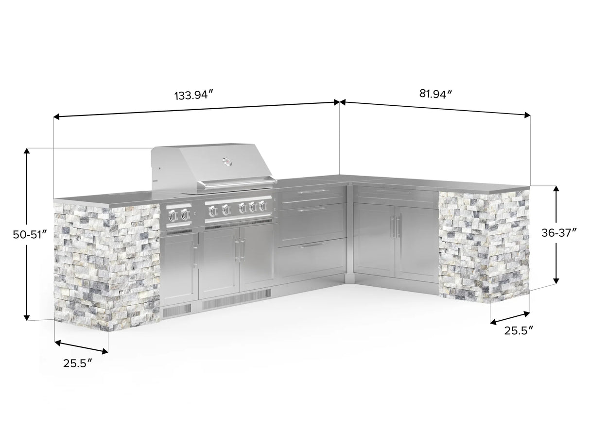 Outdoor Kitchen Signature Series 11 Piece L Shaped Cabinet Set with 3 Drawer, Bar, Dual Side Burner, Grill and Grill Cabinet