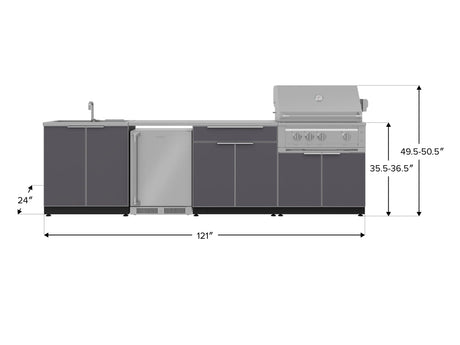 Outdoor Kitchen Aluminum 6 Piece Cabinet Set with Sink, Bar, Grill Cabinet, Platinum Grill, Countertop and Stainless Steel Door Fridge