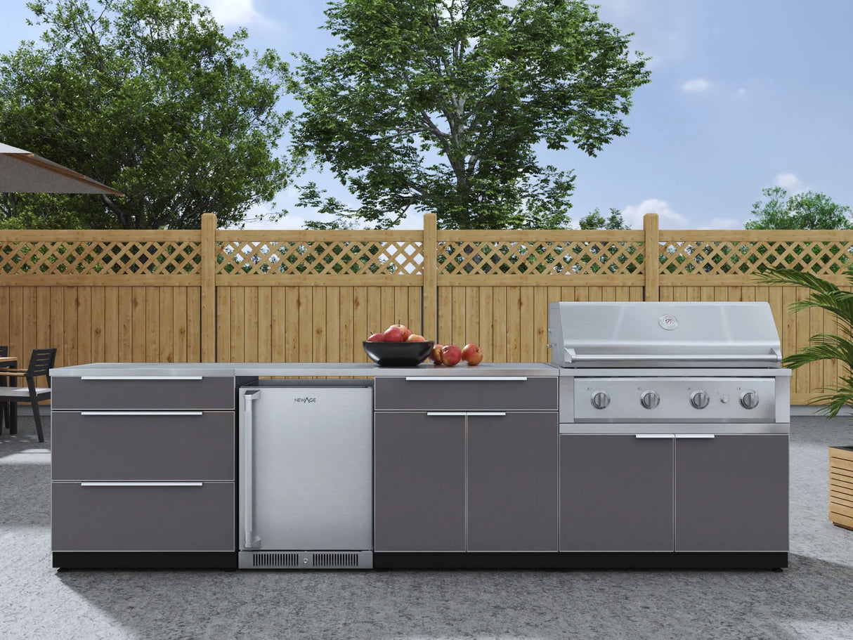 Outdoor Kitchen Aluminum 7 Piece Cabinet Set with 3-Drawer, Bar, Grill Cabinet, Performance Grill, Countertops and Stainless Steel Door Fridge