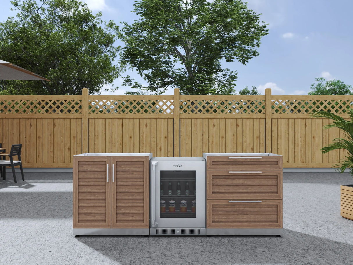 Outdoor Kitchen Stainless Steel 3 Piece Cabinet Set with 3-Drawer, 2-Door Cabinet and Fridge