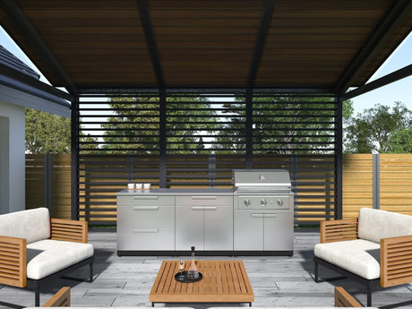 Outdoor Kitchen Stainless-Steel 5 Piece Cabinet Set with 3-Drawer, Bar, Grill Cabinet, Performance Grill and Countertop