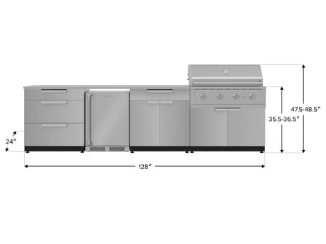 Outdoor Kitchen Stainless Steel 7 Piece Cabinet Set with 3-Drawer, Bar, Grill Cabinet, Performance Grill, Countertop, and Stainless Steel Door Fridge