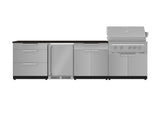 Outdoor Kitchen Stainless Steel 7 Piece Cabinet Set with 3-Drawer, Bar, Grill Cabinet, Platinum Grill, Countertop, and Stainless Steel Door Fridge