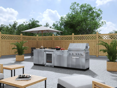 Outdoor Kitchen Stainless Steel 6 Piece Cabinet Set with Sink, Bar, Grill Cabinet, Platinum Grill, Countertop and Glass Door Fridge