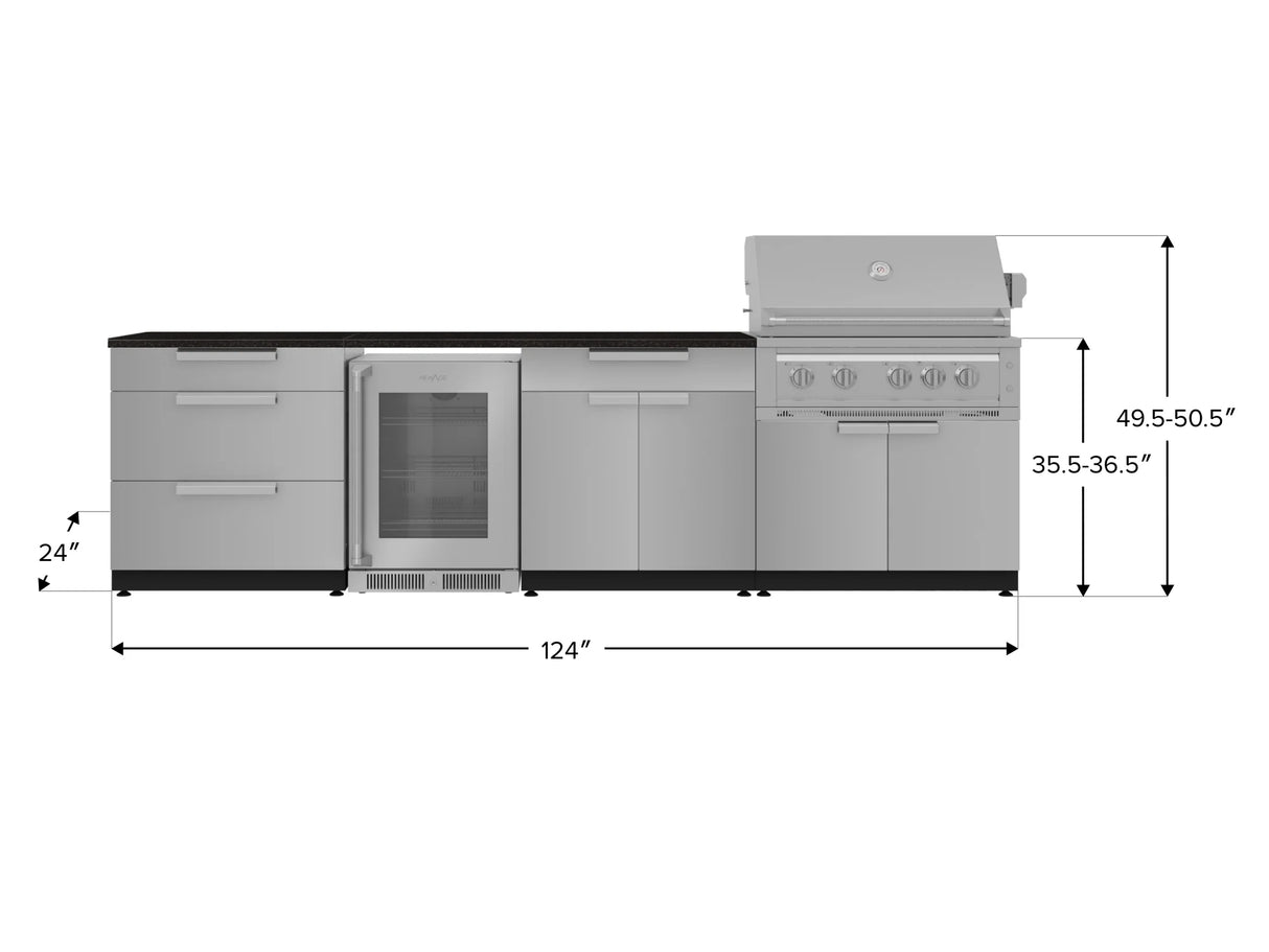 Outdoor Kitchen Stainless Steel 7 Piece Cabinet Set with 3-Drawer, Bar, Grill Cabinet, Platinum Grill, Countertop, and Glass Door Fridge