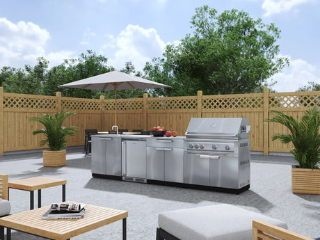 Outdoor Kitchen Stainless Steel 6 Piece Cabinet Set with Sink, Bar, Grill Cabinet, Platinum Grill, Countertop and Stainless Steel Door Fridge