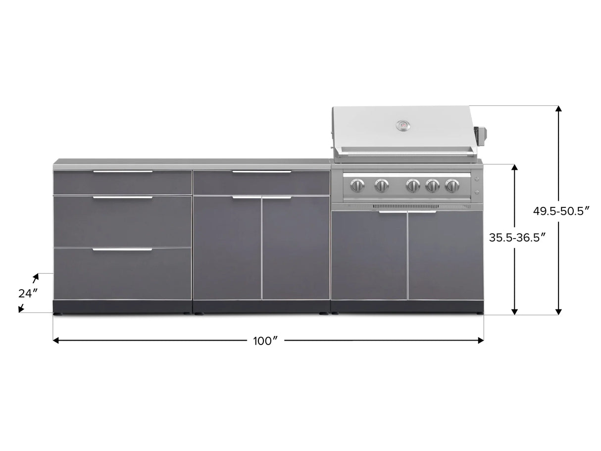 Outdoor Kitchen Aluminum 5 Piece Cabinet Set with 3 Drawer, Bar, Grill Cabinet, Platinum Grill and Countertop