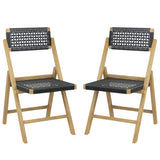 Set of 2 Folding Chairs Indonesia Teak Wood Dining Chairs with Woven Rope Seat and Back