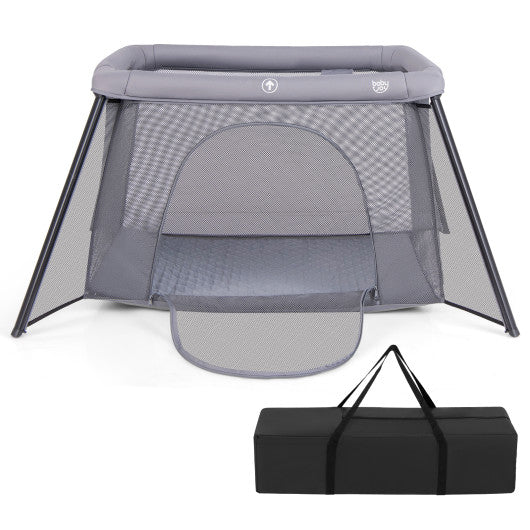 2-in-1 Portable Baby Playpen with Safety Enclosure and Padded Mattress-Dark Gray