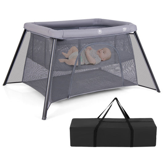 2-in-1 Portable Baby Playpen with Safety Enclosure and Padded Mattress-Dark Gray