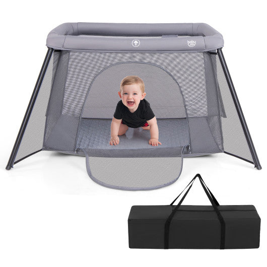 2-in-1 Portable Baby Playpen with Safety Enclosure and Padded Mattress-Dark Gray