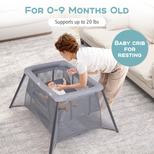 2-in-1 Portable Baby Playpen with Safety Enclosure and Padded Mattress-Dark Gray