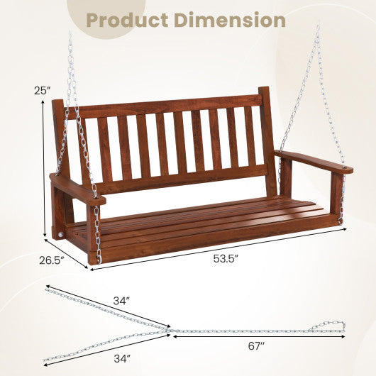 2-Person Wooden Outdoor Porch Swing with 500 lbs Weight Capacity-Brown