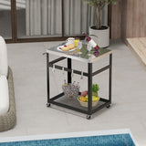 2-Tier Stainless Steel Grill Cart with 4 Hooks and Wheels BBQ Table-Black