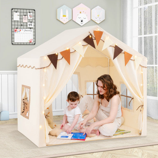 3-4 Kids Large Play Tent House with 2 Opening Doors and Star Lights-Beige