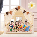 3-4 Kids Large Play Tent House with 2 Opening Doors and Star Lights-Beige