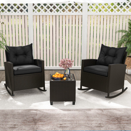 3-Piece Patio Rattan Roker Chairs with Tempered Glass Table and Soft Cushions-Black