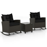 3-Piece Patio Rattan Roker Chairs with Tempered Glass Table and Soft Cushions-Black