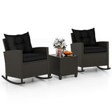 3-Piece Patio Rattan Roker Chairs with Tempered Glass Table and Soft Cushions-Black