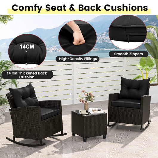 3-Piece Patio Rattan Roker Chairs with Tempered Glass Table and Soft Cushions-Black