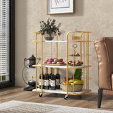 3-Tier Metal Kitchen Storage Serving Cart Trolley with Marble Tabletop and Handles-Golden