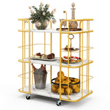 3-Tier Metal Kitchen Storage Serving Cart Trolley with Marble Tabletop and Handles-Golden