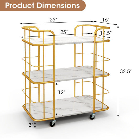 3-Tier Metal Kitchen Storage Serving Cart Trolley with Marble Tabletop and Handles-Golden