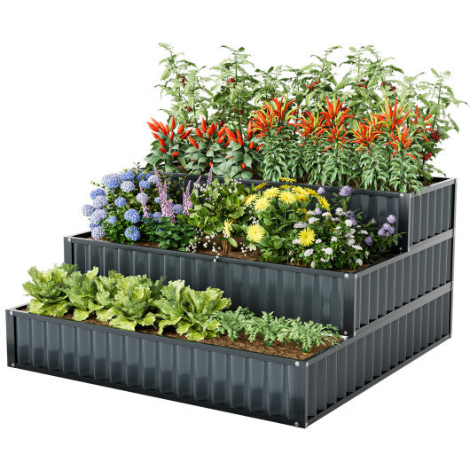 Heavy-Duty Metal Outdoor 3-Tier Raised Garden Bed Planter Box-Black