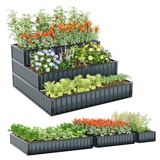 Heavy-Duty Metal Outdoor 3-Tier Raised Garden Bed Planter Box-Black