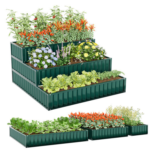 Heavy-Duty Metal Outdoor 3-Tier Raised Garden Bed Planter Box-Green