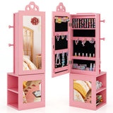 3-in-1 Freestanding Kids Jewelry Cabinet Armoire with Full Length Mirror-Pink