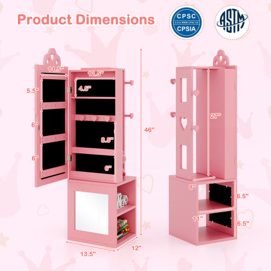 3-in-1 Freestanding Kids Jewelry Cabinet Armoire with Full Length Mirror-Pink