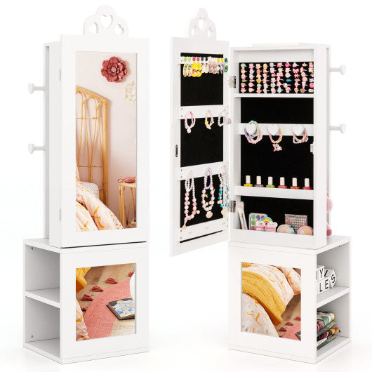 3-in-1 Freestanding Kids Jewelry Cabinet Armoire with Full Length Mirror-White
