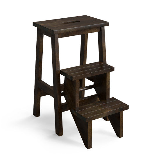 3-in-1 Rubber Wood Step Stool with Convenient Handle-Brown