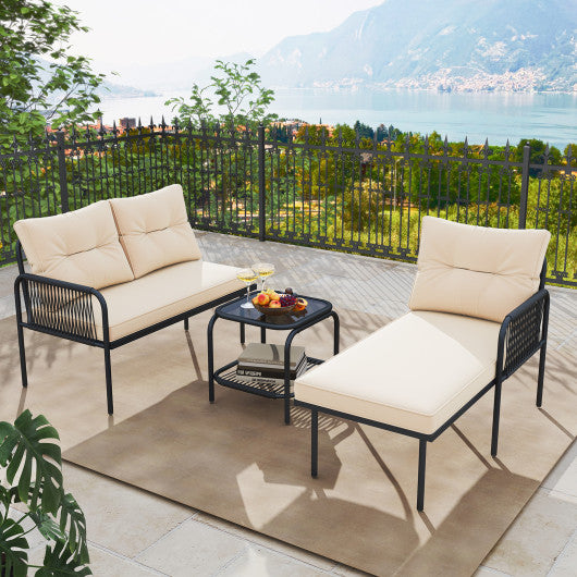 3-Piece L Shaped Patio Furniture Set PE Rattan Sectional Sofas-Beige