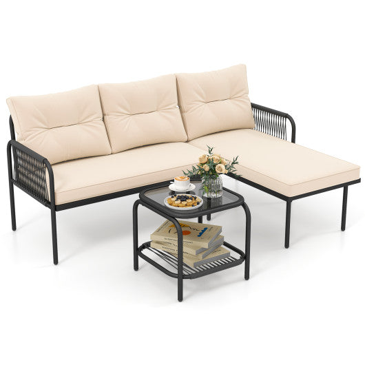 3-Piece L Shaped Patio Furniture Set PE Rattan Sectional Sofas-Beige