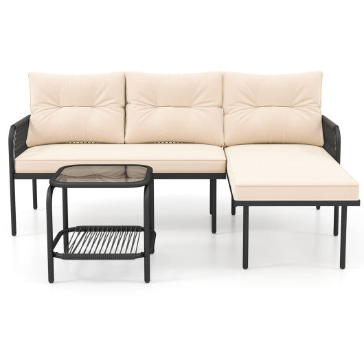 3-Piece L Shaped Patio Furniture Set PE Rattan Sectional Sofas-Beige